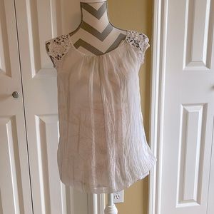 Via Signoria Women's 100% Silk Top White Lace Cap Sleeve Made in Italy Size S